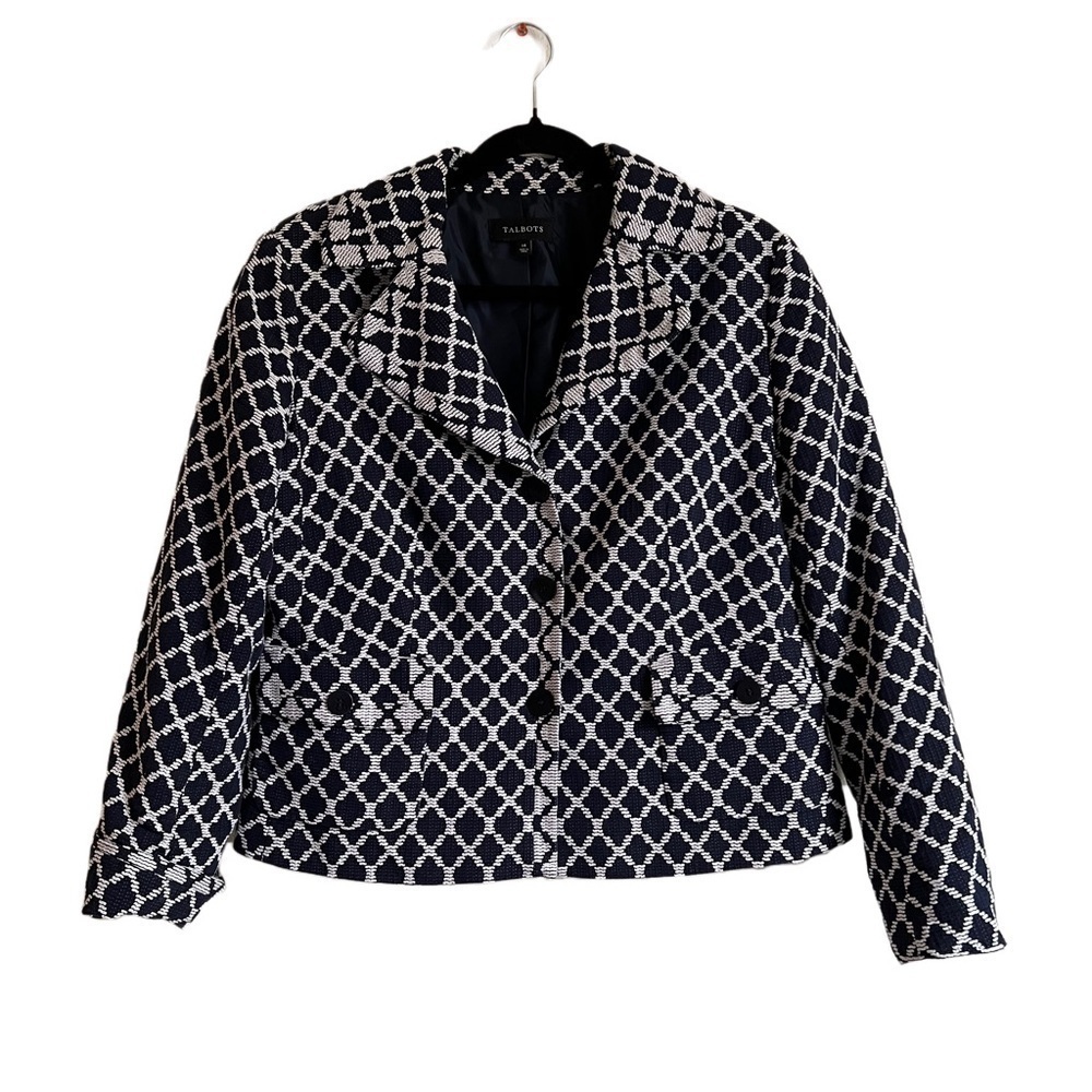 TALBOTS Size 10/12 Womens Navy blue white pattern blazer. Like New.